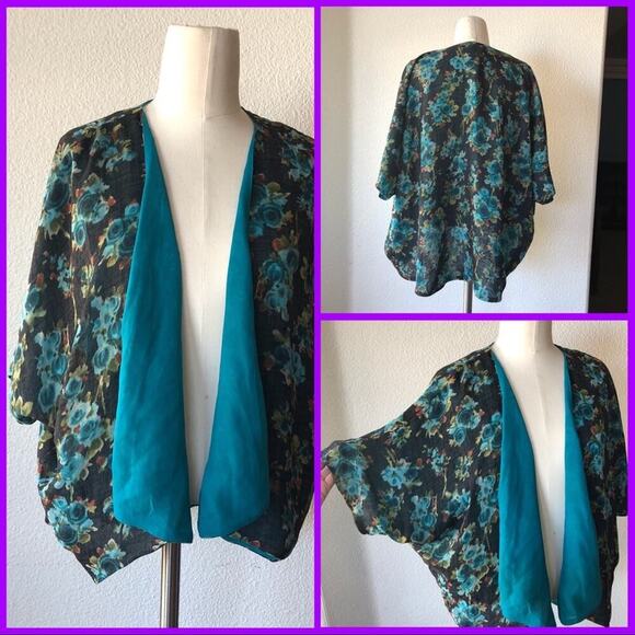 Ny collection kimono top bohemian summer western open front floral teal size S - Picture 1 of 4